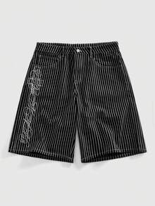Street Life 男士条纹字母刺绣口袋休闲牛仔短裤 - 黑色 - 查看 1
