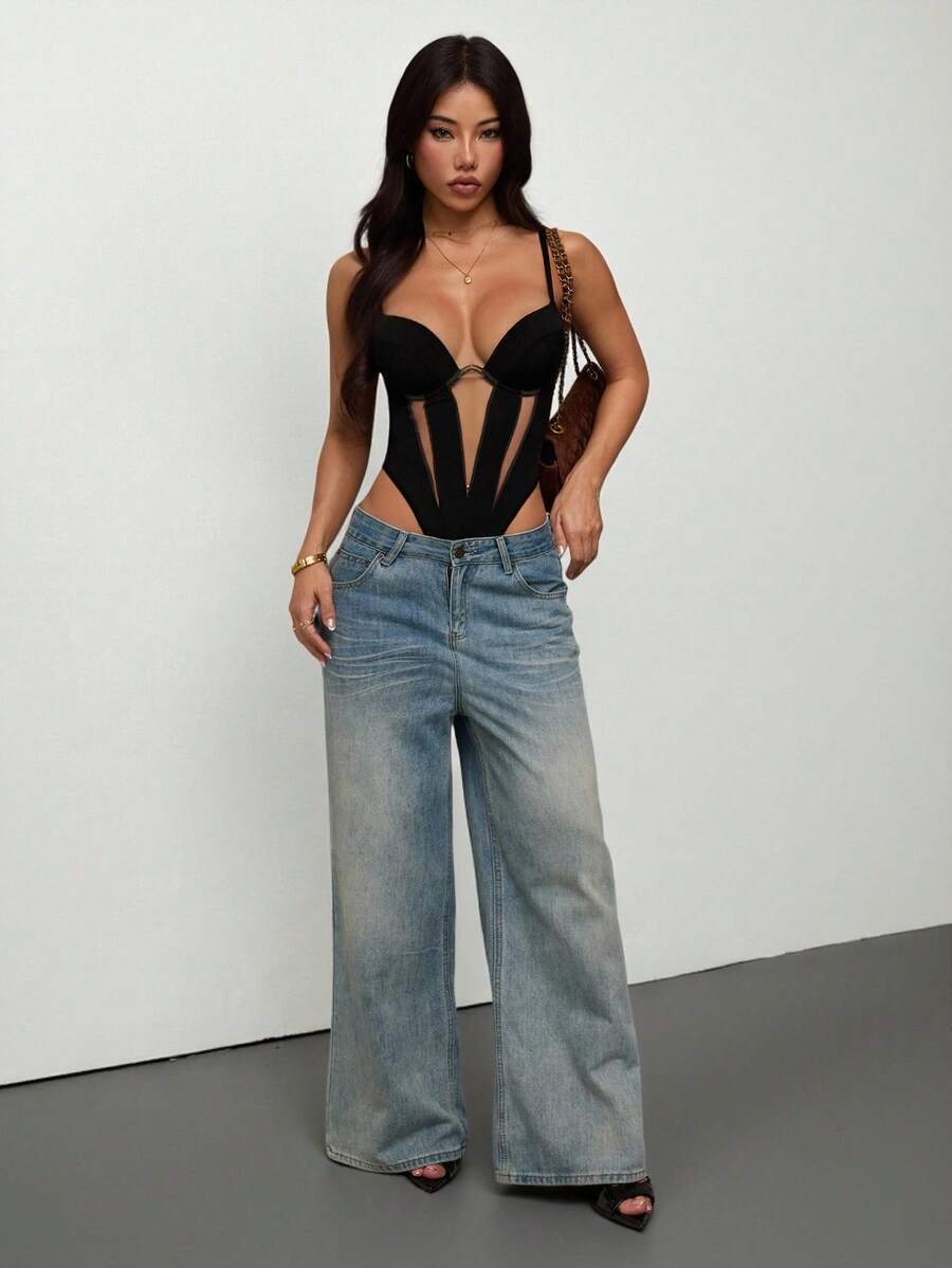 SHEIN PETITE 纯色休闲时尚度假性感吊带连体衣女款网纱连体衣