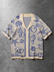 ROMWE MEN 男士休闲度假风贝壳海星图案翻领短袖针织衫，夏季 - 藍色 - 查看 6