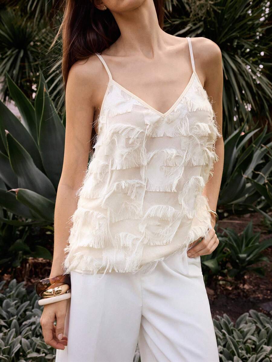 Maija 女士黑色撞色蕾丝上衣，优雅浪漫时尚舒适宽松V领可调节吊带度假/商务休闲衬衫 - 白色 - 查看 1