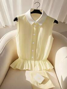 Franclia 法式优雅衬衫领褶皱下摆黄色女士夏季上衣 - 淡黃色 - 查看 1