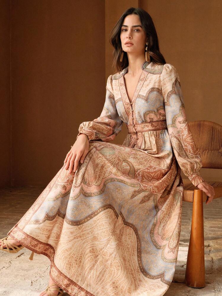 Elegant Long Sleeve High-End Floral Waist Vacation Dress For Women, Spring/Summer