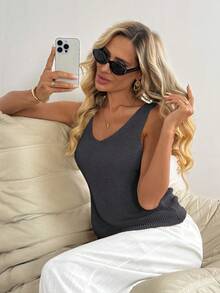 Easowa 女士扭结露背无袖针织背心，时尚透气 - 深灰色 - 查看 5