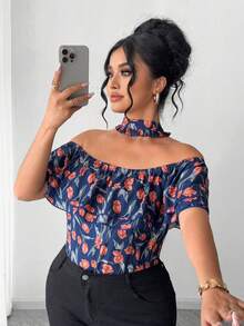 Elenzga Plus Size Women's Navy Blue Summer Elegant Wedding Ninang Off-Shoulder Short Sleeve Blouse,French Casual Cold Shoulder Dress Top,Latest New Arrivals - Navy Blue - View 5