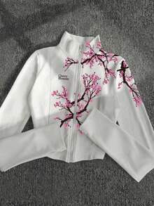 Chaqueta cálida de forro polar con estampado floral estilo Y2K para mujer, corte ajustado, manga larga, con cierre de cremallera - Multicolor 3 - Ver 3