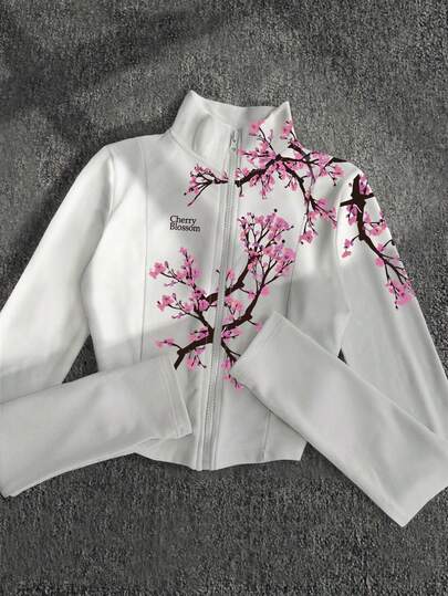 Glimmora Chaqueta de forro polar con estampado de flores y eslogan con estilo Y2K, prenda deportiva casual y con cremallera de moda para mujer, ajuste ceñido de manga larga, adecuada para viajes al aire libre, regalo