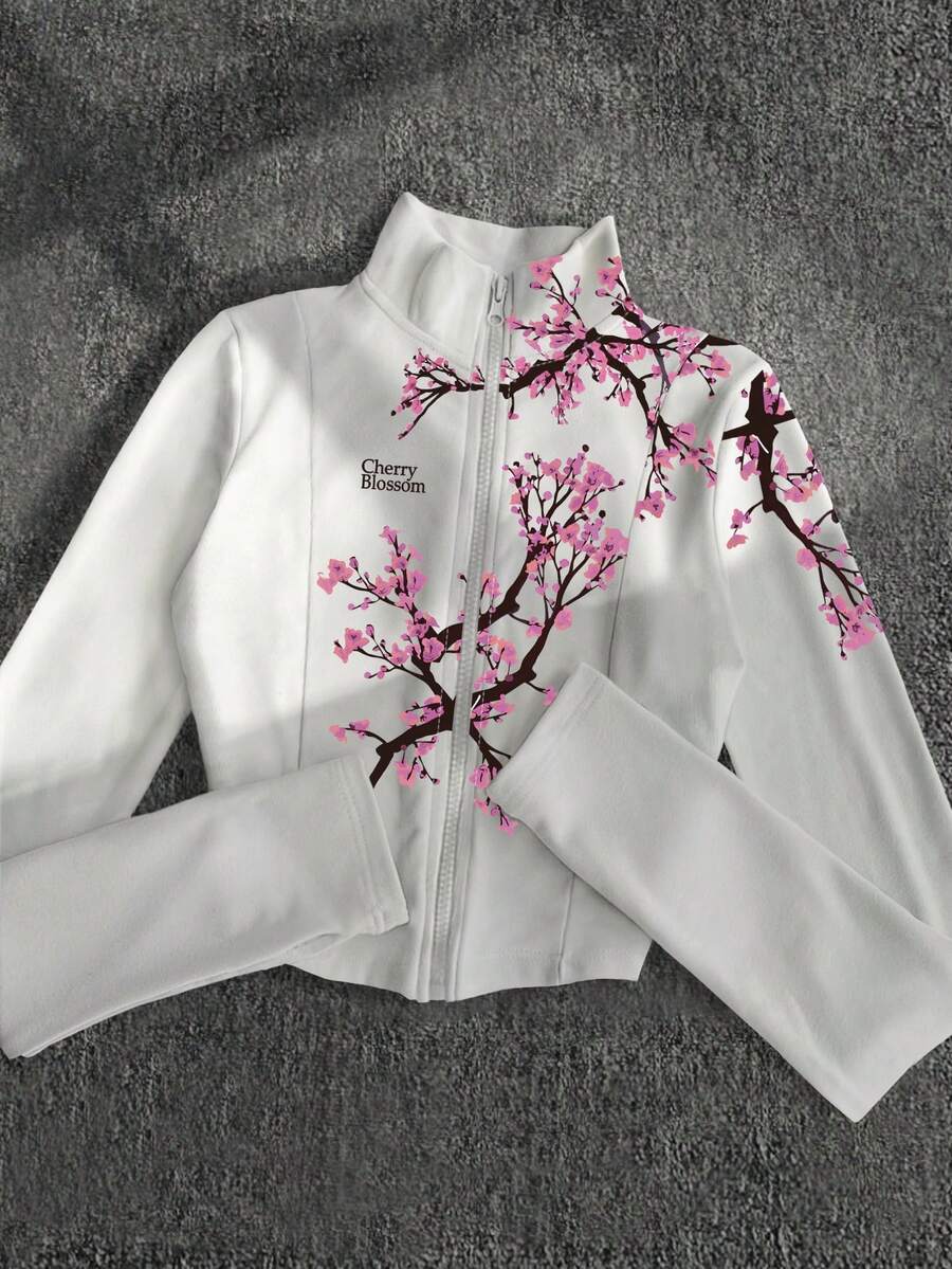 IslaSuriya Y2K风格印花抓绒外套,时尚休闲运动拉链女式外套,修身长袖,适合户外旅行,礼品 - 白色 - 查看 1