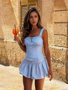 Lucivie 女士休闲可爱复古修身蓝白格纹吊带背心，适合日常穿着/情人节晚餐/浪漫约会/休闲度假/田园风度假等场合，夏季上衣，休闲上衣，夏季，女士夏季，春假，女士海滩，海滩，女士外出上衣，女士优雅衬衫，度假，蓝色上衣，蓝色夏季上衣，格纹上衣，蓝白上衣，性感上衣，格子上衣，露脐上衣，夏季上衣 - 藍色 - 查看 4