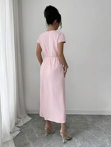 Franclia Đầm cổ chữ V xẻ tà trang trí nơ dành cho nữ - Màu be - Xem 2