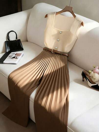 Elenzga Women's Square Neck Sleeveless Top And Pleated Wide Leg Pants Two Pieces Set With Contrast Color