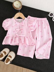 Bubblio 女婴荷叶边蝴蝶结条纹印花衬衫和裤子休闲套装 - 淺色水洗藍 - 查看 4