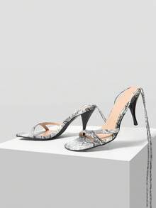 Mnmlis Women's High-Heeled Sandals Spring And Summer New Fashion Modern Sexy Style Open-Toed Snakeskin Pattern PU Cross Strap Women's Dinner Party Wear Stiletto Cool Slippers - Black and White - View 4