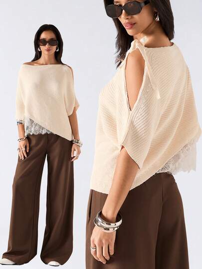 LYSMO 2026 New Arrive Minimalism Spring/Summer Women's Casual Asymmetric Hem Lace Patchwork Hollow Out Knit Top/Summer /Summer /Summer Tops/Summer /Summer For Women/ Summer Top /Summer For Women/ Spring Women