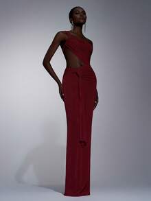 Elitara Elegant Luxury Cream Satin One-Shoulder Eyelash Collar Ruched Waist Splice Fishtail Hem Dress, Suitable For Festivals, Weddings, Galas, Concerts, Business Events, Influencer Activities (Adult) - Red - View 1