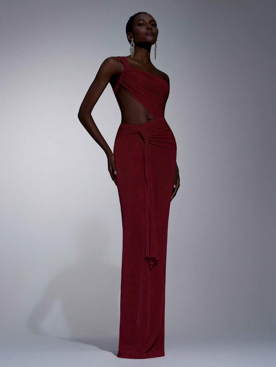 Elitara Elegant Luxury Cream Satin One-Shoulder Eyelash Collar Ruched Waist Splice Fishtail Hem Dress, Suitable For Festivals, Weddings, Galas, Concerts, Business Events, Influencer Activities (Adult) - Red - View 1