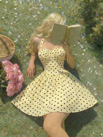 SHEIN MOD 浅黄色波点印花无袖吊带连衣裙