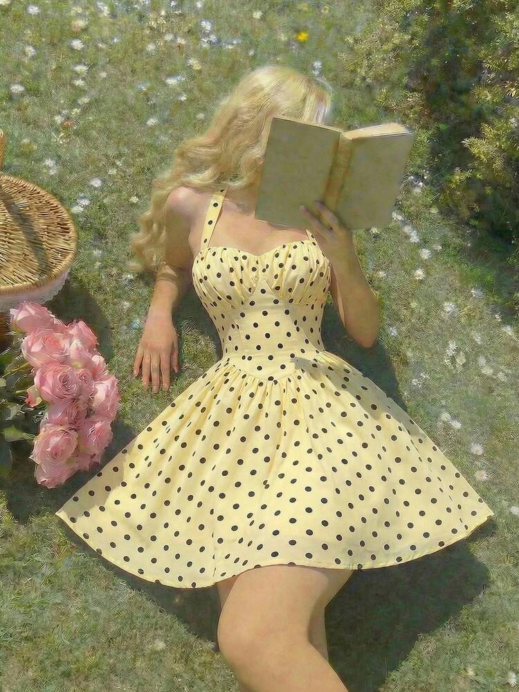 SHEIN MOD Vestido de mujer sin mangas con estampado de lunares en color amarillo pálido - Amarillo - Añade 3