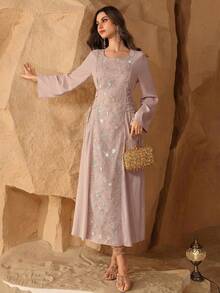 Al Najma Đầm kiểu Ả Rập cổ tròn thanh lịch đính sequin và thêu dành cho phụ nữ - Hồng - Xem 6