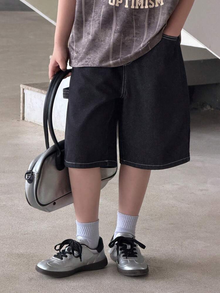 Tween Boy Letter Graphic Pocket Design Loose Bermuda Denim Shorts