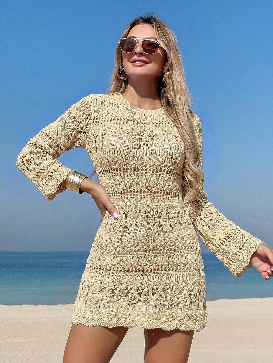 Swim Lushoire 女士度假纯色镂空圆领长袖罩衫连衣裙 - 杏色 - 查看 1