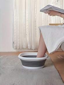 Three-Size Collapsible Basin – Portable Hand And Foot Bath Multi-Functional Plastic Bucket With Frame Rectangular Design, Durable Plastic Material, Including Mop Bucket, Suitable For Travel And Laundry Use, Foldable Basin, Portable Outdoor Travel Household Basin, Student Dormitory Basin For Washing Face And Feet, Washing Basin For Laundry. - Grey - View 2