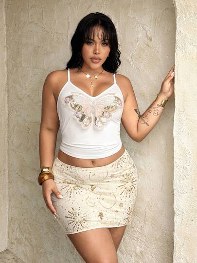 Rustia Plus Size Women Spaghetti Strap Embroidered Beaded Camisole, Cute Sleeveless Top For Spring & Summer