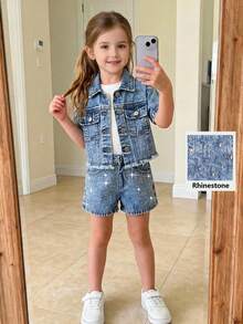 Young Girls Denim Set, New Casual Fashion Simple Versatile Rhinestone Washed Blue Denim Set - Blue - View 1