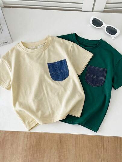 SHEIN Genkimix Kids 2pcs Genkimix Young BoyPocket Decor Casual Fashion Round Neck T-Shirts