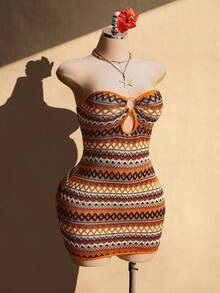 SHEIN ICON Plus Size Bohemian Textured Fabric Cutout Bust Bodycon Mini Dress Body Fitting Dress Women One Piece Dress - Multicolor - View 5