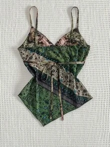 Sweetra Áo hai dây kiểu Pháp lãng mạn, họa tiết hoa, chất liệu lưới phối ren tương phản, phong cách cổ điển, có đai thắt eo, vạt áo bất đối xứng, tạo nên vẻ ngoài độc đáo cho phái nữ. - Nhiều màu - Xem 3