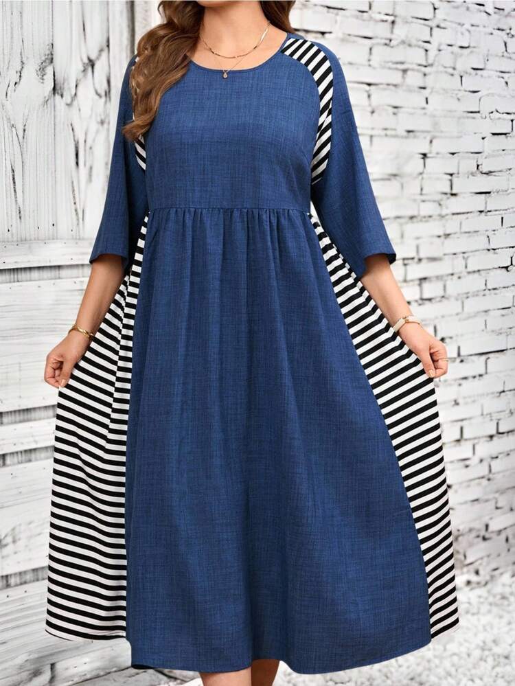 Plus Size Striped Patchwork Contrast Color Blue Dress Plus Casual Dress Curve Casual  Dress Plus Size Curve Dresses Plus Size Dress