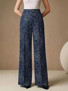 Anewsta Modern Design Digital Print Casual Blue Jeans, High Waist Loose Slimming Straight Leg Pants For Women, Spring/Autumn New Arrival - Blue - View 2