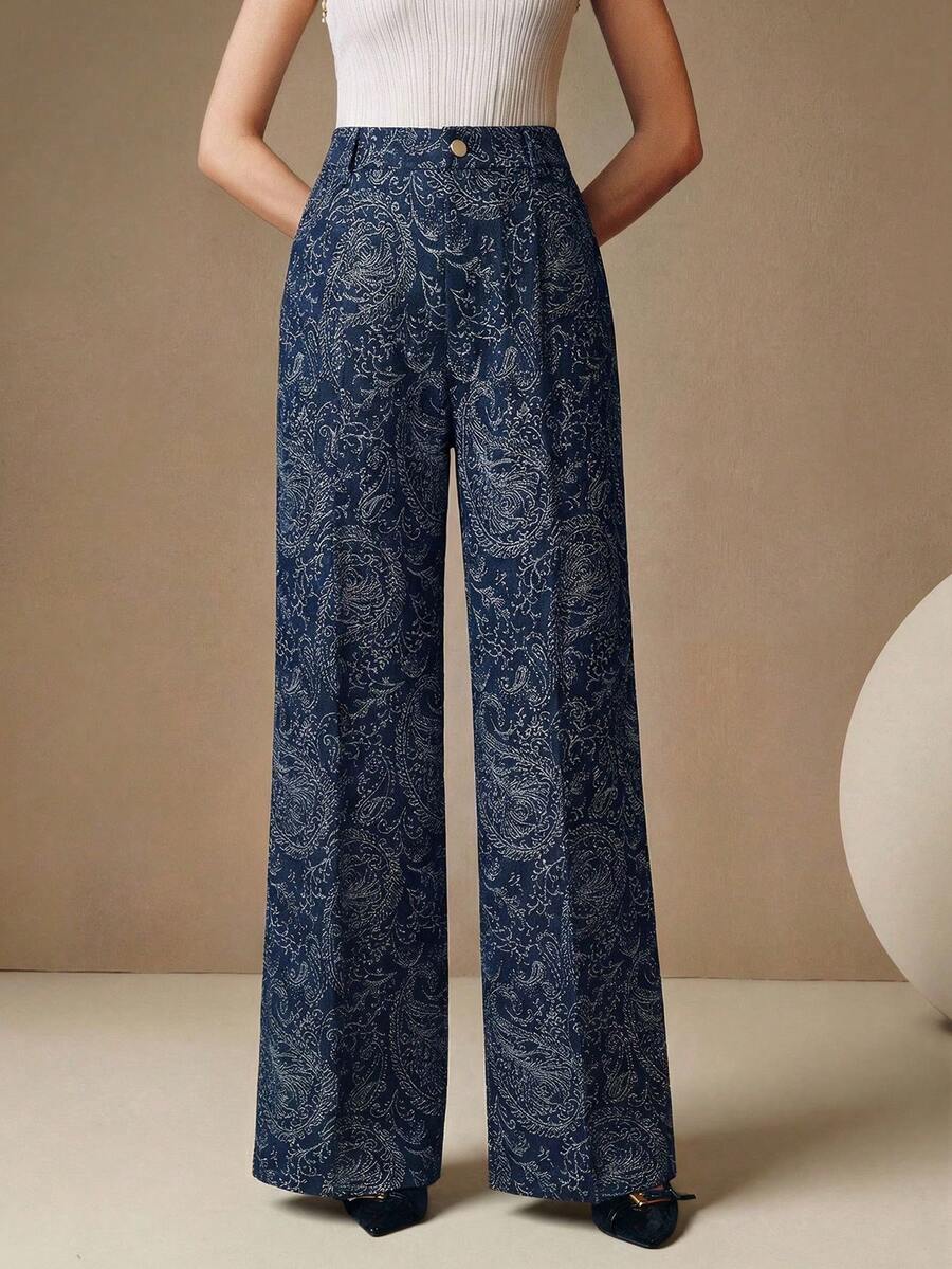 Anewsta Pantalones vaqueros casuales de diseño moderno con estampado digital, de cintura alta, sueltos y estilizadores de pierna recta para mujeres, nueva llegada de primavera/otoño - Azul - Ver 1