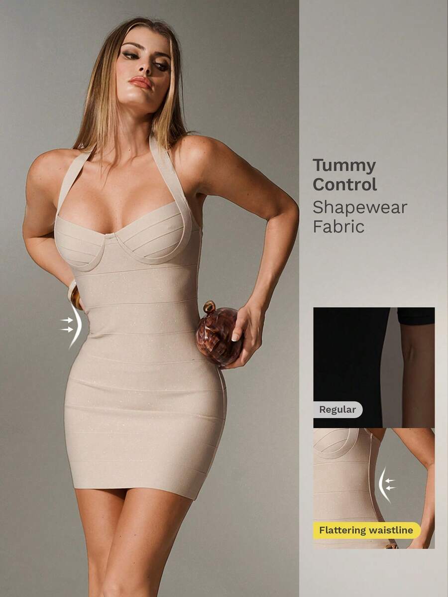 Nuvra Áo croptop dây mảnh màu trơn, hở lưng, ôm sát, kiểu băng quấn thanh lịch, thích hợp cho tiệc tùng và hẹn hò, mùa xuân/hè. - Màu be - Xem 1