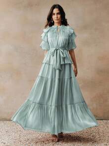 Anewsta Women's New Elegant Long Dress, Tie-Up Layered Cake Skirt, Business Casual Luxury Wedding Guest Evening Gown, Spring/Summer - Baby Blue - View 6