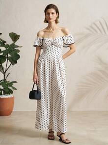 Selianne Women's Fashionable Elegant Polka Dot Print Off-Shoulder Jumpsuit - Apricot - View 5