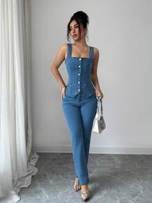 Elenzga 女士休闲牛仔套装，单排扣不对称下摆上衣搭配长裤，适合日常穿着 - 藍色 - 查看 5