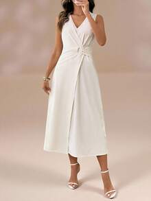 Uhlyne Women's Pleated Twist Design V-Neck Sleeveless Mid-Length Dress, Suitable For Spring, Summer, Autumn, Daily, Commute, Party, Date, Holiday - Apricot - View 4