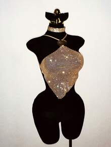 SHEIN DivaQ Áo hai dây hở lưng dành cho nữ, chất liệu lưới xuyên thấu, đính đá lấp lấp lánh, thích hợp cho quán bar, tiệc tùng, lễ hội âm nhạc. - Rượu sâm banh - Xem 4