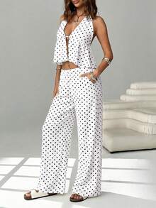 SHEIN EZwear 两件套波点印花系带露背吊带背心和抽绳阔腿裤，适合度假和海滩穿着。 - 白色 - 查看 3
