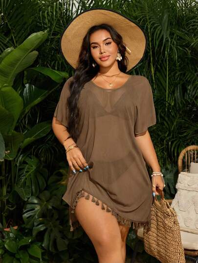 Swim Vcay Vestido de playa con flecos y espalda descubierta para tallas grandes