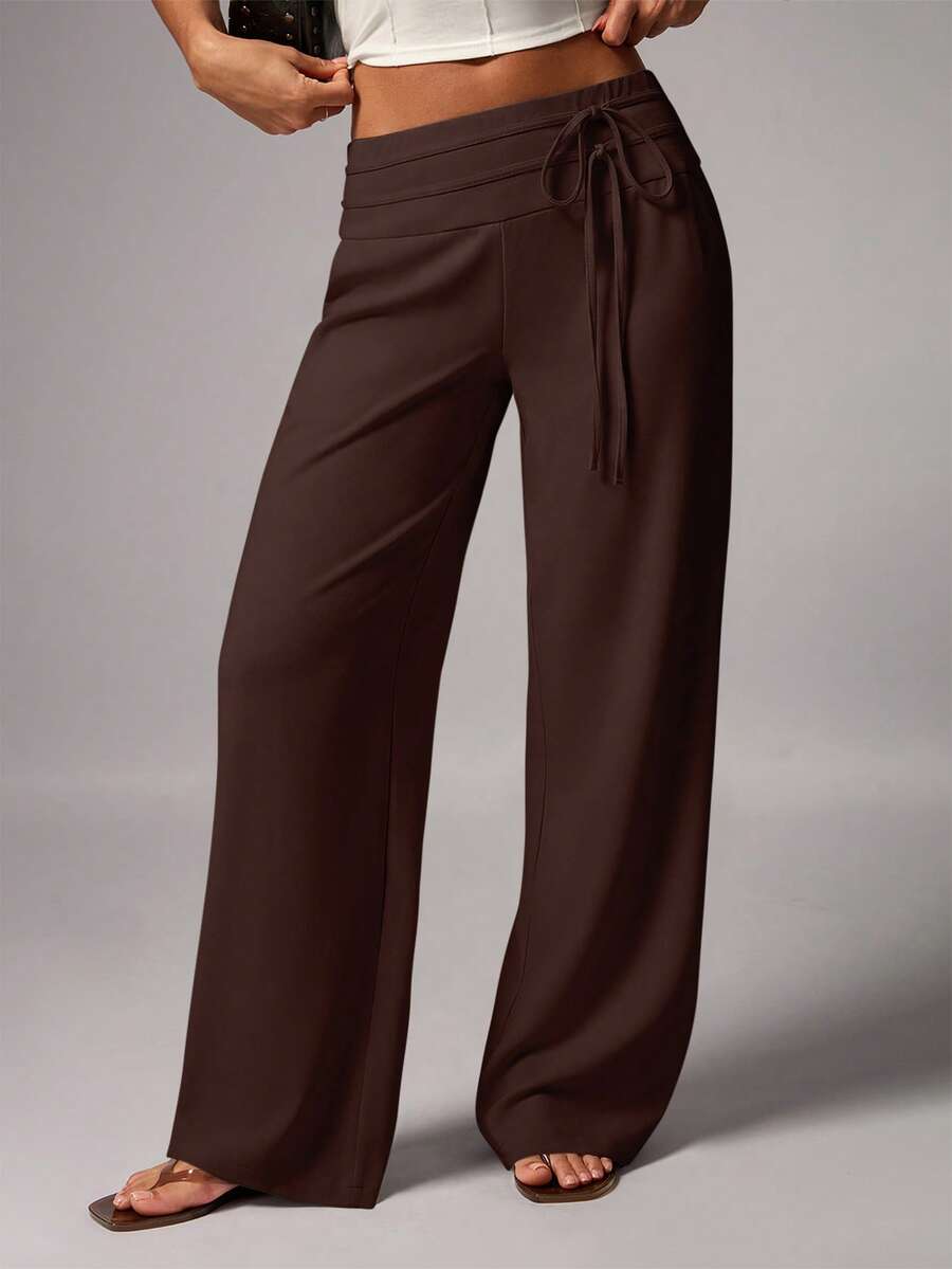 Avenya Casual Versatile Solid Color Tie-Up Straight Leg Pants Vacation Dark Brown Summer - Brown - View 1