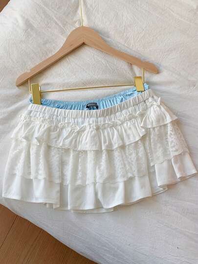 Comfortcana 女士弹力腰带撞色蕾丝蛋糕裙