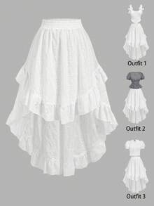SHEIN MOD Plus Size White Embroidered Front Short Back Long Skirt, Spring/Summer Vacation Skirt - White - View 4