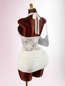 Amplova 2026 New Mixed Material Cutout Waist Low-Cut Bodycon Mini Dress For Women - Apricot - View 7