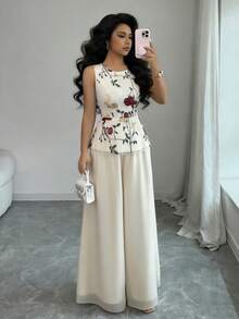 Elenzga Women's Sleeveless Elegant Casual Commute Outdoor Vest & Shiny Pants Two Pieces Set, Summer Outfit - Apricot - View 5