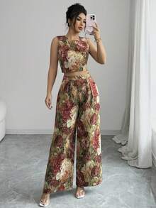 Elenzga Quần short xếp ly không tay dáng thẳng dành cho nữ, họa tiết jacquard nhiều màu sắc, phong cách tối giản thường ngày, phù hợp cho đám cưới, đi làm thanh lịch, mặc hàng ngày, bộ 2 món. - Nhiều màu - Xem 7