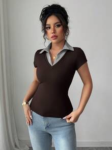 SHEIN Raffinéa Áo polo nữ tay ngắn, thoải mái, thanh lịch, phù hợp cho cả đi làm và đi nghỉ mát, thích hợp cho người trưởng thành, gợi cảm, cổ chữ V, phối sọc, chất liệu 2 trong 1, co giãn tốt, ôm sát, thích hợp cho mùa xuân/hè. Áo polo nữ, áo body nữ, áo kiểu nữ. - Cà phê nâu - Xem 8