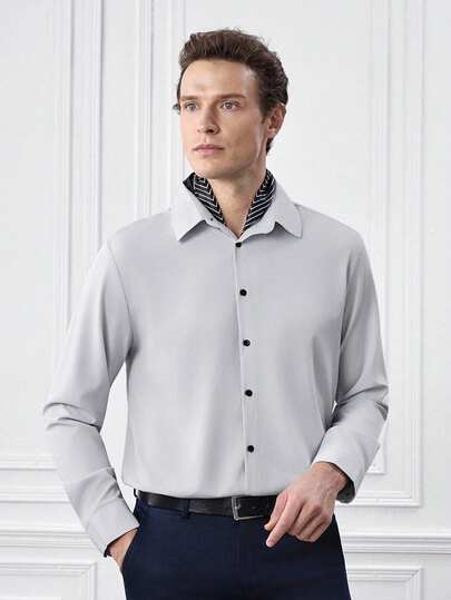 Officeau 男士休闲/正式浅灰色衬衫，单排扣，翻领，适合办公室、派对、休闲等场合，百搭，秋季必备，长袖上衣