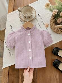 SHEIN Vintaside Kids 2026新款女婴夏季柔软舒适面料，时尚新款，度假旅行必备，女婴白色休闲纹理短袖衬衫，适合外出、休闲和聚会。 - 粉色 - 查看 5